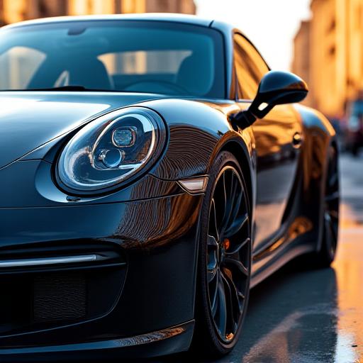 Porsche sportiva con una lucidatura a specchio incredibilmente brillante, che riflette l'ambiente circostante
